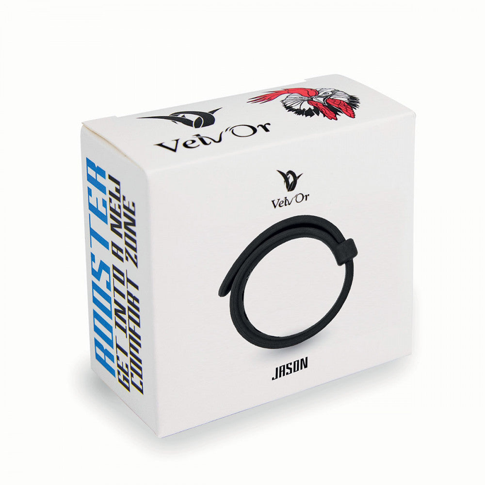 The packaging for the black Velv'or Adjustable Strap Silicone Cock Ring.