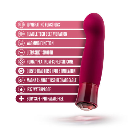The Oh My Gem Classy Garnet Vibrator standing upright next to a graphic of its features.