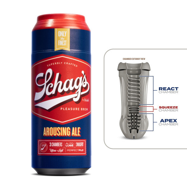 Schag's Arousing Ale Beer Can Stroker next to a diagram showing the insides of the stroker.