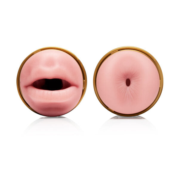 A close up of the mouth and butt ends of the Fleshlight Quickshot.