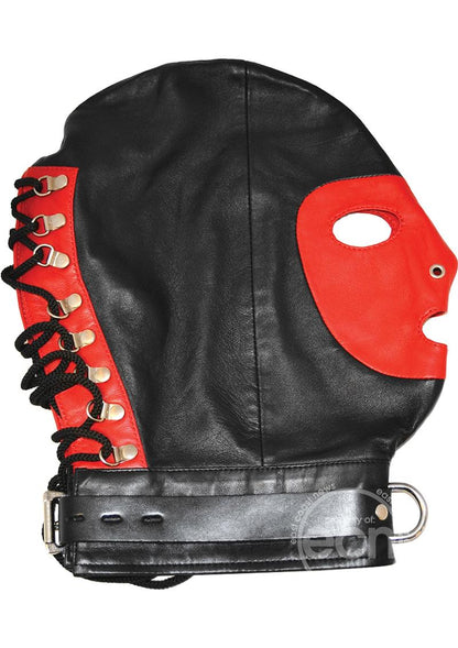 The side view of the red and black Rouge Leather Mask with D Ring and Lock Strap.