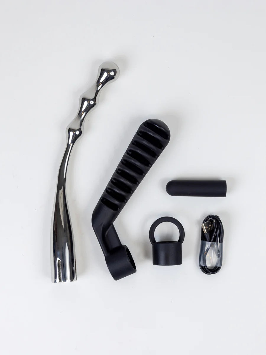 The Slide Stainless Steel Vibrating Dildo Set with its accesories.