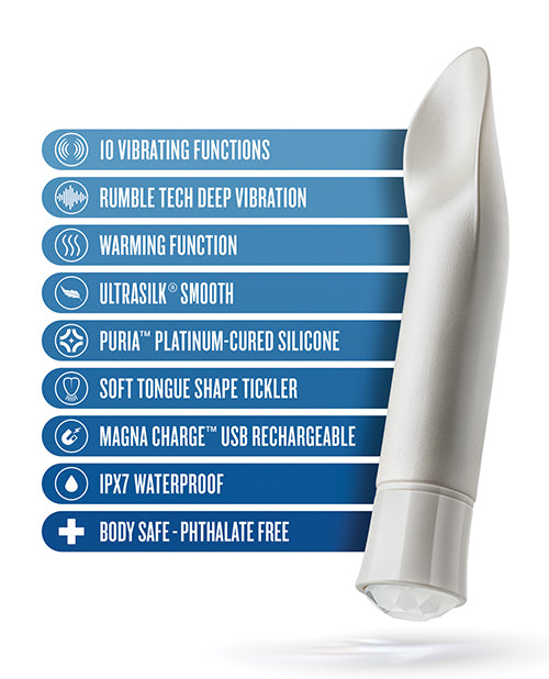 The Oh My Gem Bold Diamond Vibrator standing upright next to a graphic of its features.
