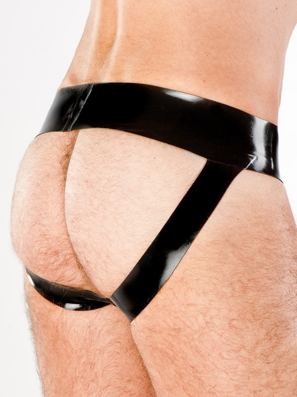 The black Latex Sport Jock on a model, right side and rear view.