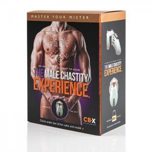 Packaging for chastity device. Cardboard box reads "The male chastity  experience" and shows a nude man with an image of the device overtop of the genital region. Side of box shows side and front views of device.