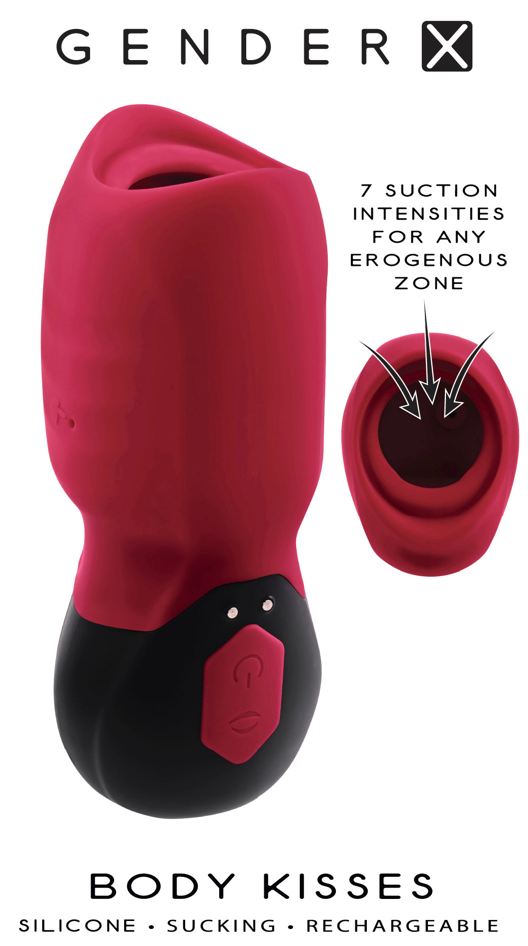 An illustration showing some of the features of the Body Kisses Vibrating Suction Massager.