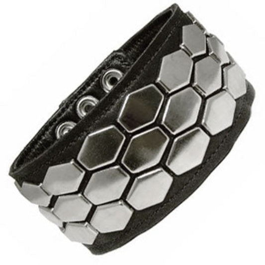 Black leather armband with three rows of elongated hexagonal plates that forms a honeycomb shape.