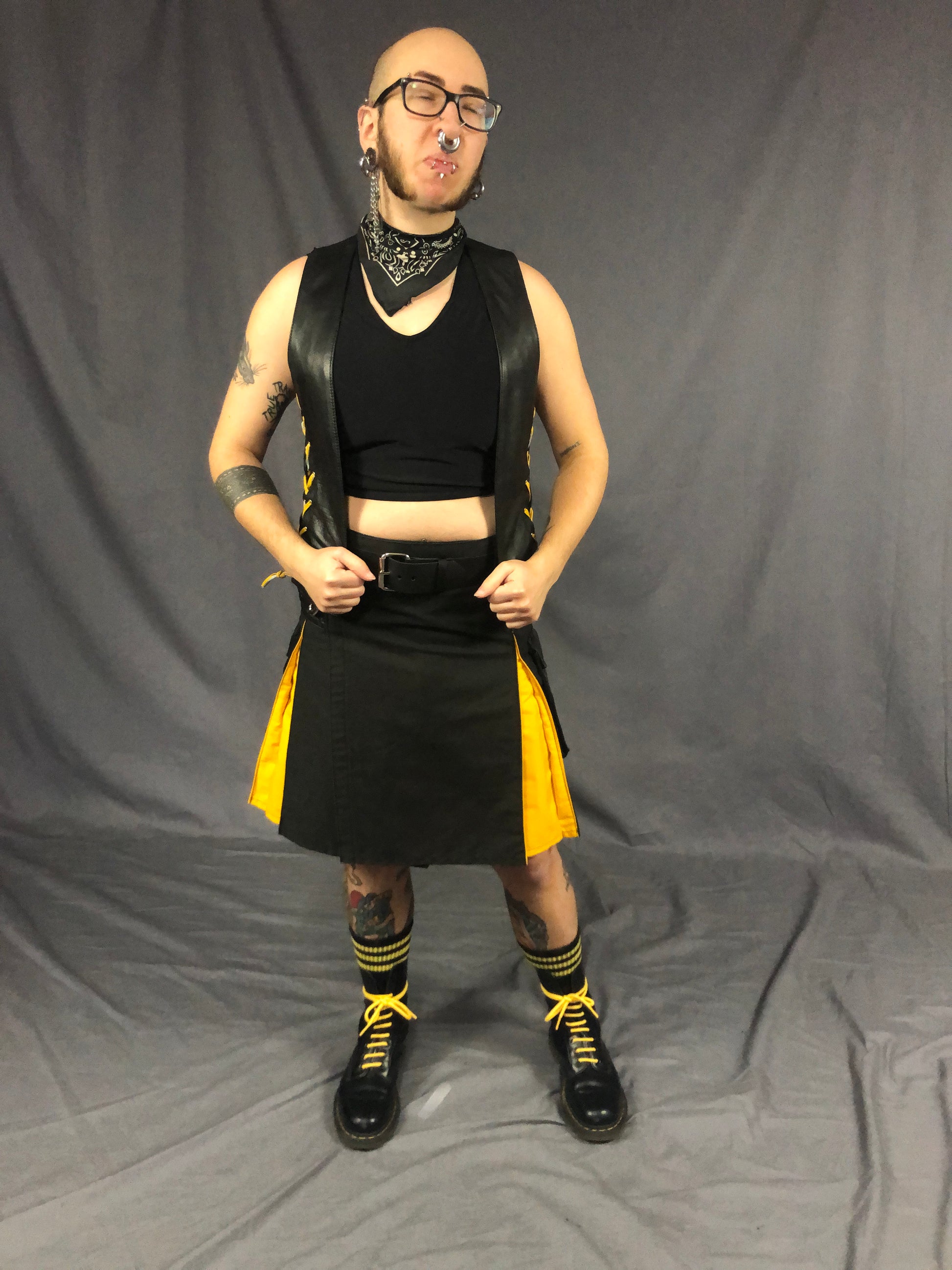 Full front view of Black/yellow contrast pleat cargo kilt
