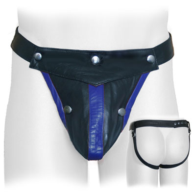 Black Leather Cod-front Jock with Adjustable Straps with blue stripe trim.