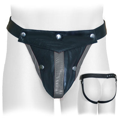 Black Leather Cod-front Jock with Adjustable Straps with grey stripe trim.