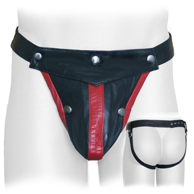 Black Leather Cod-front Jock with Adjustable Straps with red stripe trim.