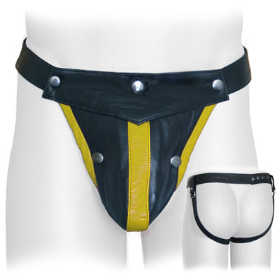 Black Leather Cod-front Jock with Adjustable Straps with yellow stripe trim.