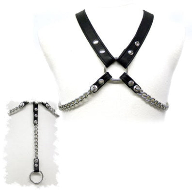 A compilation photo of the front and back of the Leather And Chain Cock Strap.