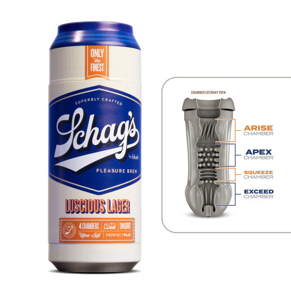 Schag's Luscious Lager Beer Can Stroker next to a diagram showing the insides of the stroker.
