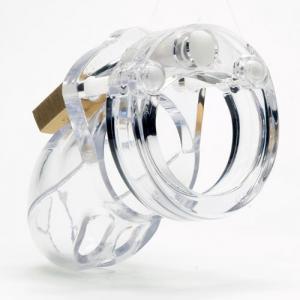 Side/rear view of chastity device in clear locked closed.