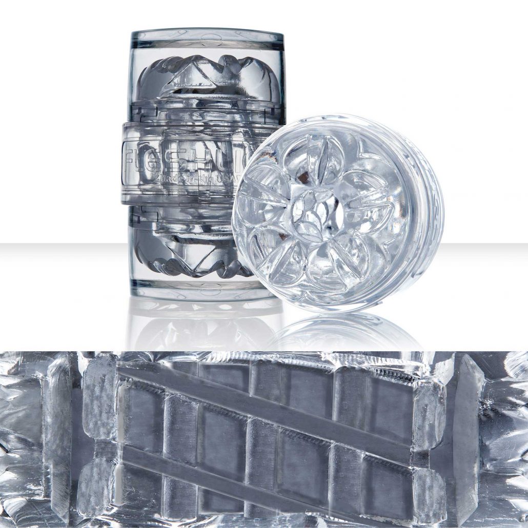 The Vantage Clear Fleshlight Quickshot above a cross section of its insides. 