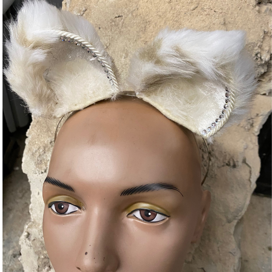 The Snow LeopardKatnip Clip-On Faux Fur Ears with Swarovski Crystals.