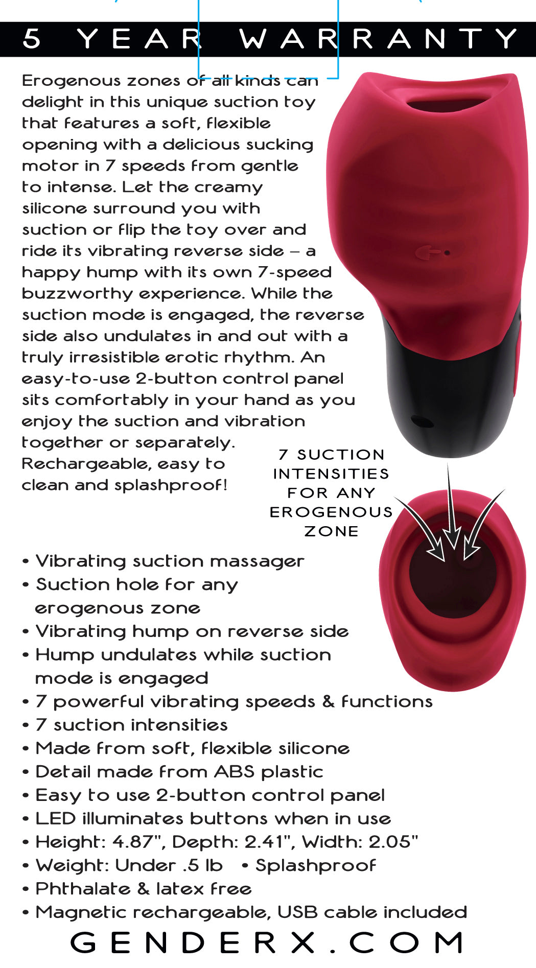 An illustration with description and features of the Body Kisses Vibrating Suction Massager.