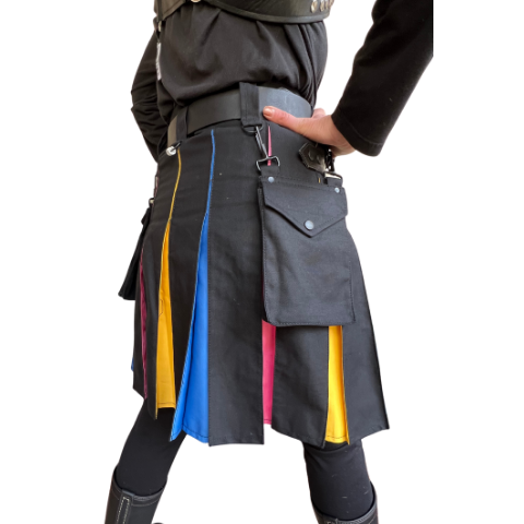 The right side of Pansexual Pride Flag Heritage Kilt with detachable black pocket.