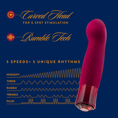 The Oh My Gem Classy Garnet Vibrator standing upright next to a graphic of its vibration functions.