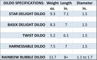 Crystal Rainbow Bubble Dildo with Dichrioic Bulb Size Chart