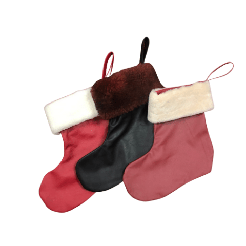 Assorted colors of fur trimmed leather gift stocking