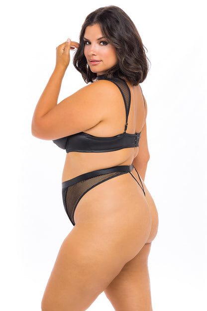 Josephine Fishnet and Satin Set on plus size model left side view
