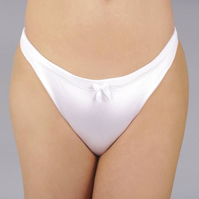 Comfort Smooth Thong Gaff on model in white, front view.