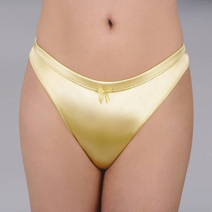 Comfort Smooth Thong Gaff on model in gold, front view.