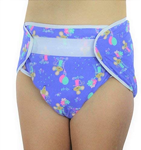 A model wearing the purple mice Bulky Fitted Nighttime Cloth Diaper.