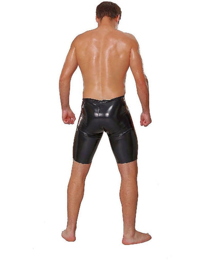 Model showing the back of black Datex Masculine knee shorts.