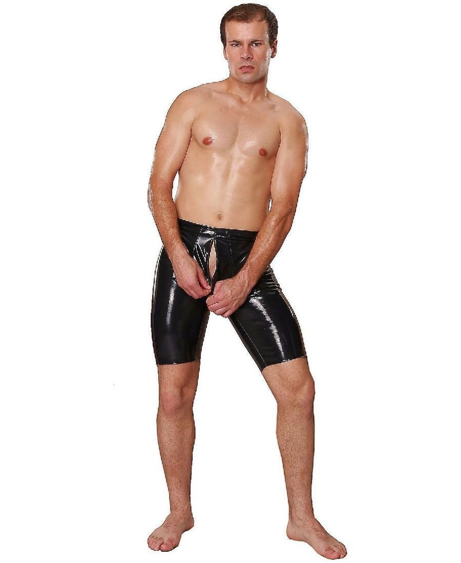 Model showing the front of black Datex Masculine knee shorts with zipper open.