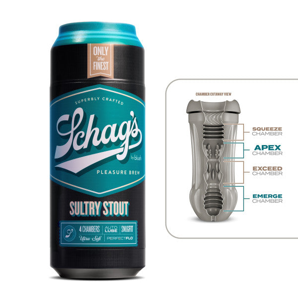 Schag's Sultry Stout Beer Can Stroker next to a diagram showing the insides of the stroker.