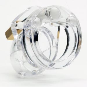 Rear view of clear chastity device with all pieces locked together. Rings that go behind the testicles are connected and locked to main part of the device using plastic pins.