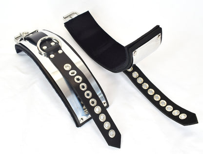 Metal band bondage cuffs laid out one right side up showing tentacle detaiing eyelets, other cuff showing inside cuff padding, against white background