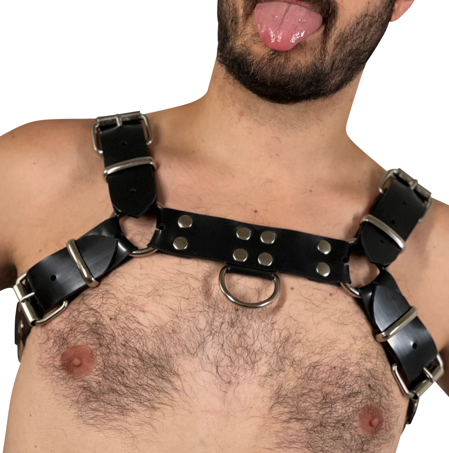 A model presenting the front of the Rubber Bulldog Harness.