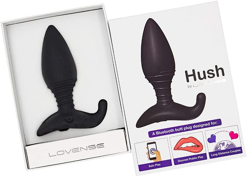 The Lovense Hush 2 Bluetooth Butt Plug Vibrator in its open box next to its cover.