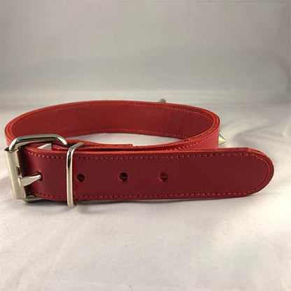 Back buckle closure of red rouge leather collar.