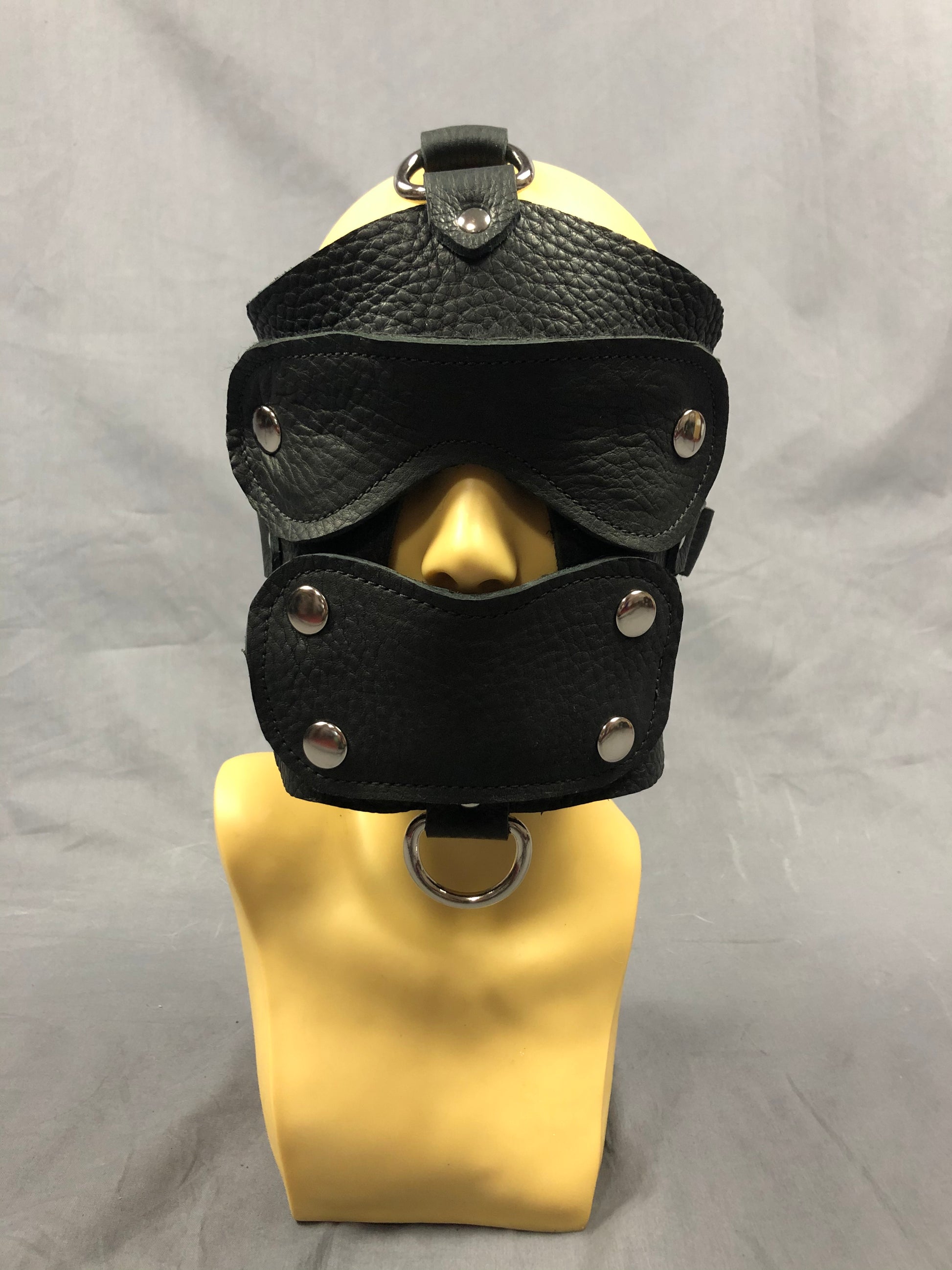 Front view of black leather head harness
