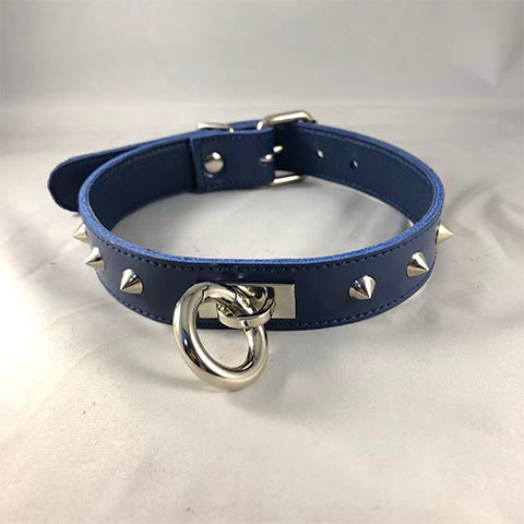 Blue rouge leather collar with studs and o-ring.