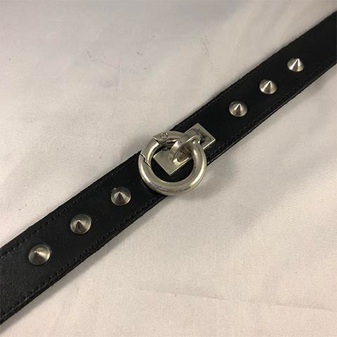 The studs and o-ring of black rouge leather collar.