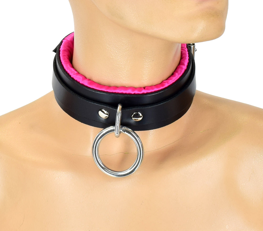A mannequin displaying the front of the Pink Satin Lined Bondage Collar.