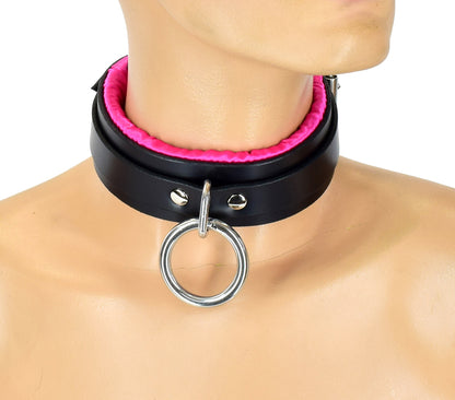 A mannequin displaying the front of the Pink Satin Lined Bondage Collar.