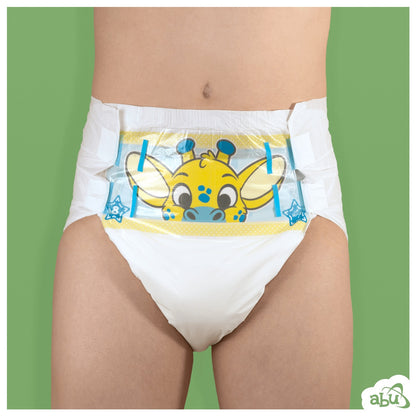 Front view of diaper on model with yellow giraffe character printed on front.
