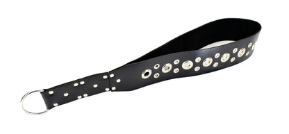 Black big leather slapper strap laid on its side with tentacle detailing side out showing slapper loop, against white background