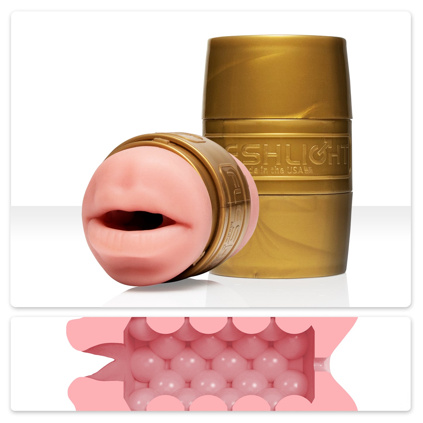 The Mouth and Butt Fleshlight Quickshot with a cross cut image of the insides underneath it.
