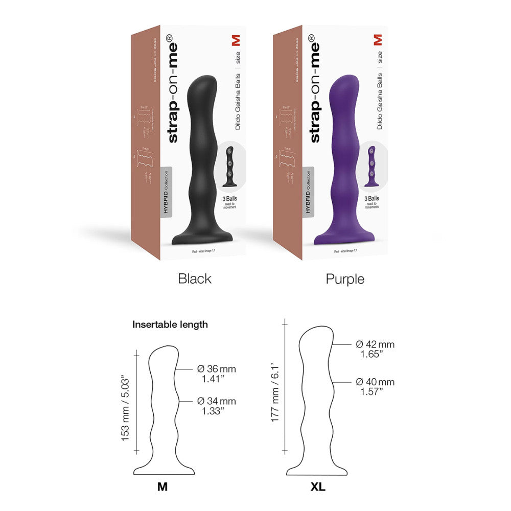The packaging and size dimensions for the Strap-On-Me Shaking Balls Dildo.