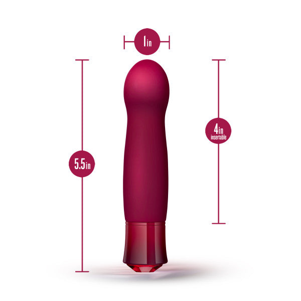 The size proportions of the Oh My Gem Classy Garnet Vibrator; 5.5inches by 4 inches by 1 inch.