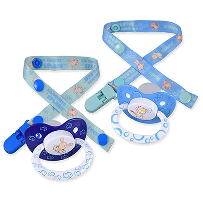 Two Lil Squirts Character Pacifiers with their clips laid beside them.