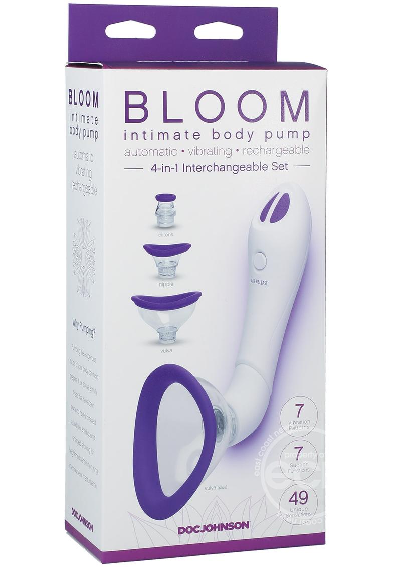 The packaging for the white with purple Bloom Intimate Body Pump.